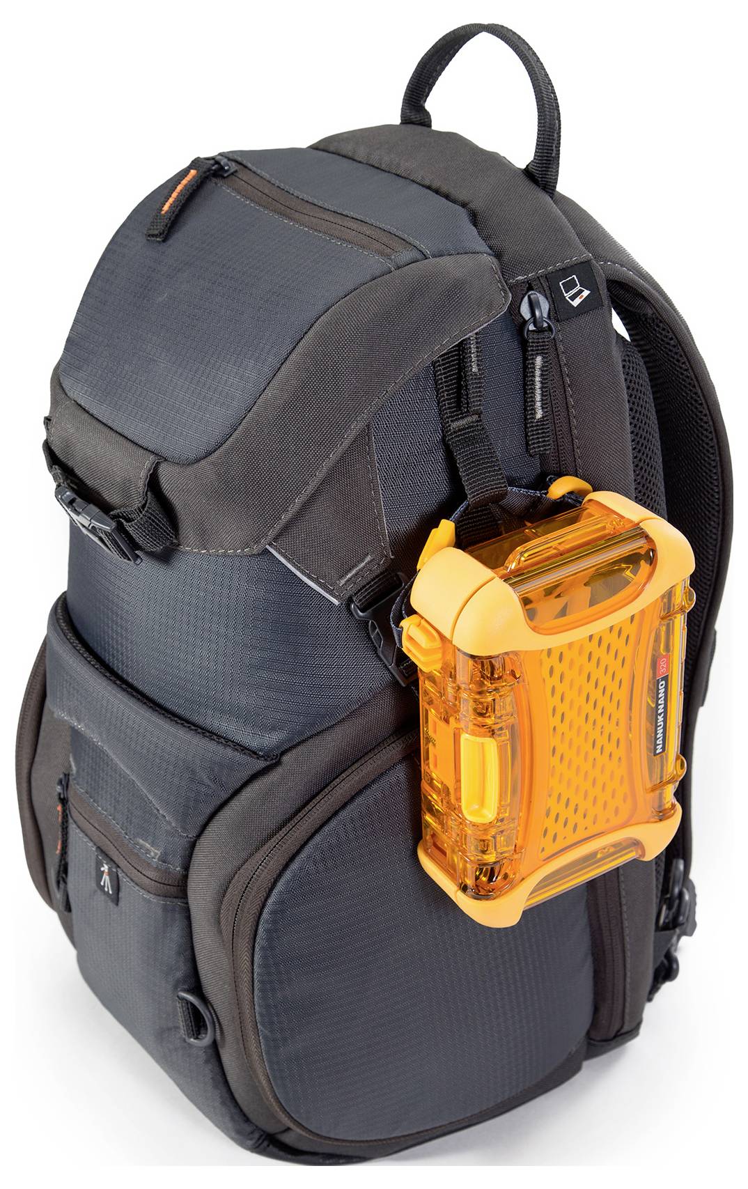 'Dark grey rucksack with multiple zips and pockets, with a bright orange hard-shell case attached.'