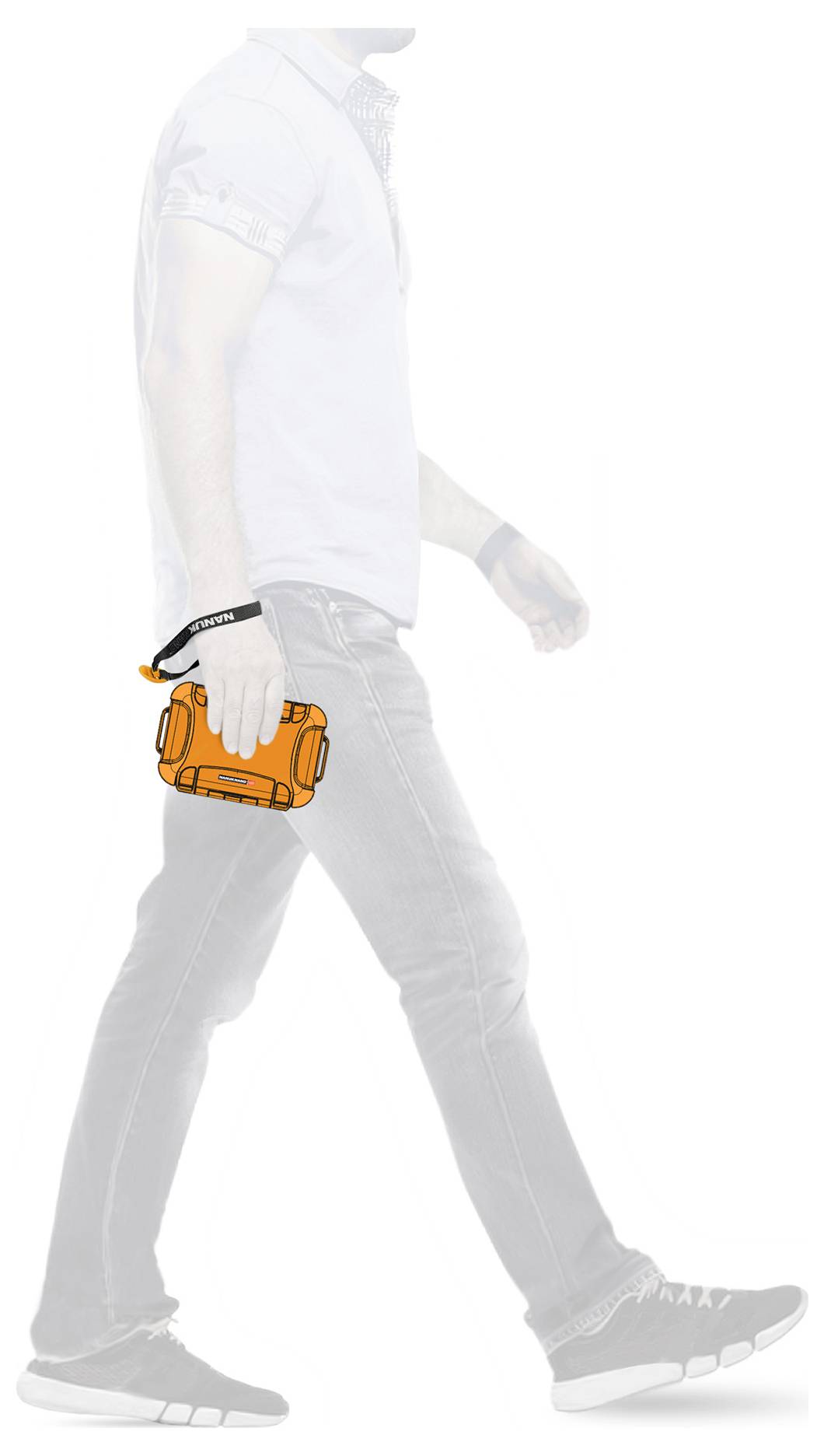 A person wearing casual clothing holds an orange camera in their right hand and walks, camera focused.
