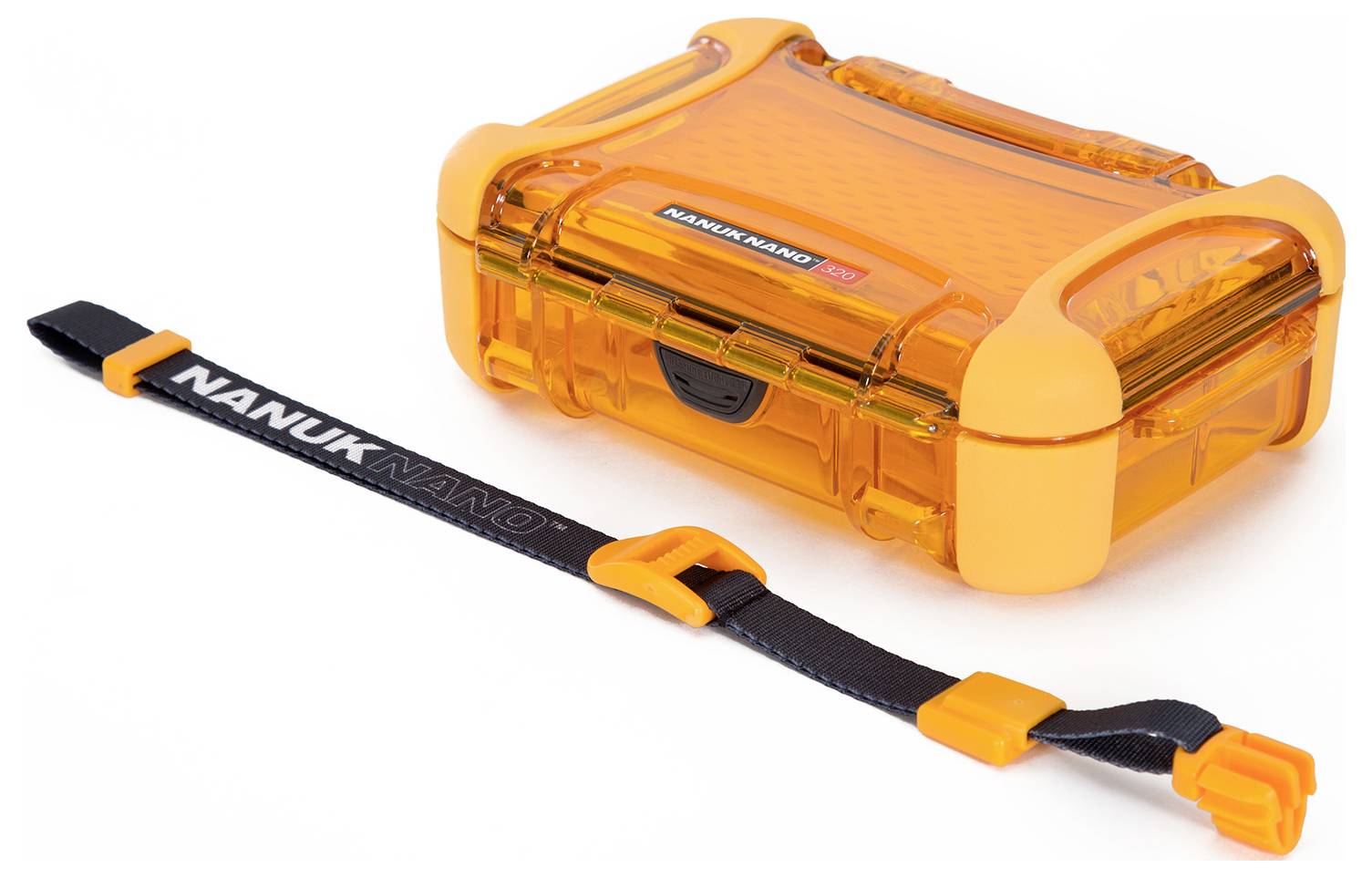 An orange, robust protective case with a snap fastener. Beside the case lies a black, adjustable strap for securing it.