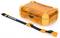 An orange, robust protective case with a snap fastener. Beside the case lies a black, adjustable strap for securing it.