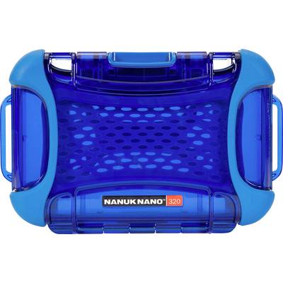 A blue, transparent protective case by Nanuk, model Nano 320, with reinforced corners and a lattice pattern on the surface.