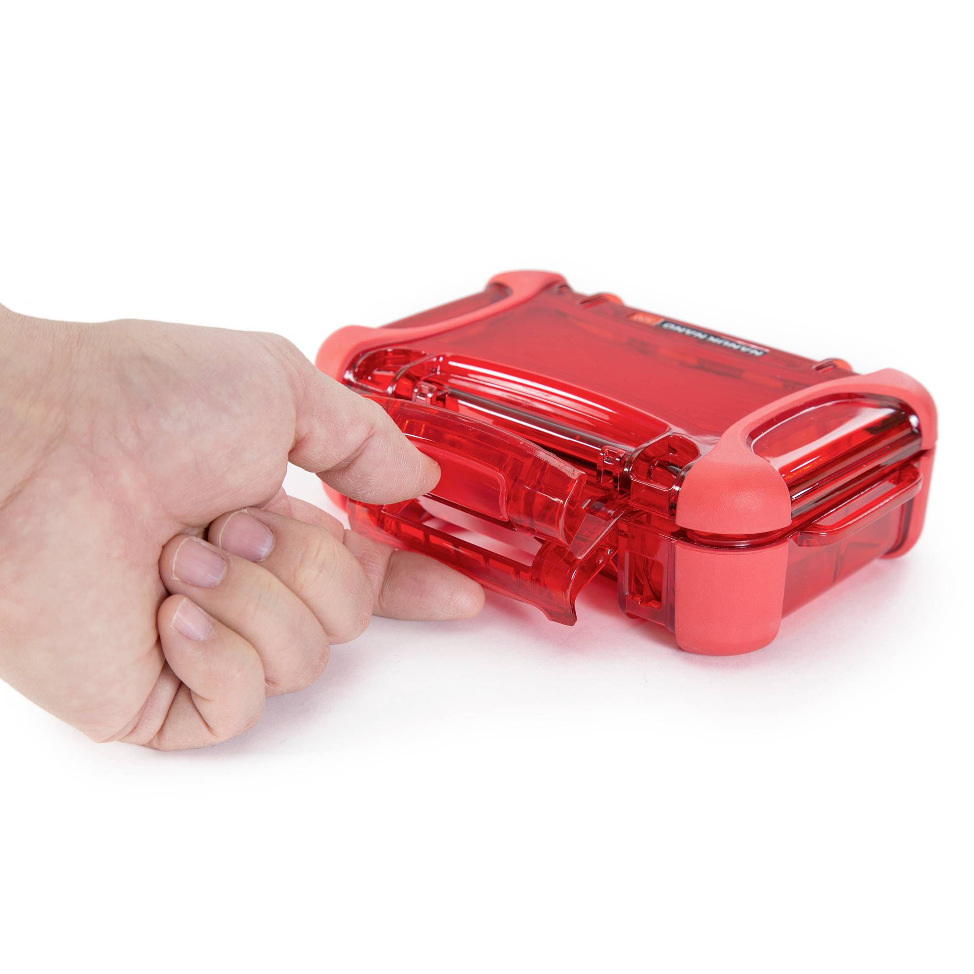 A hand opens a red, transparent, waterproof container.