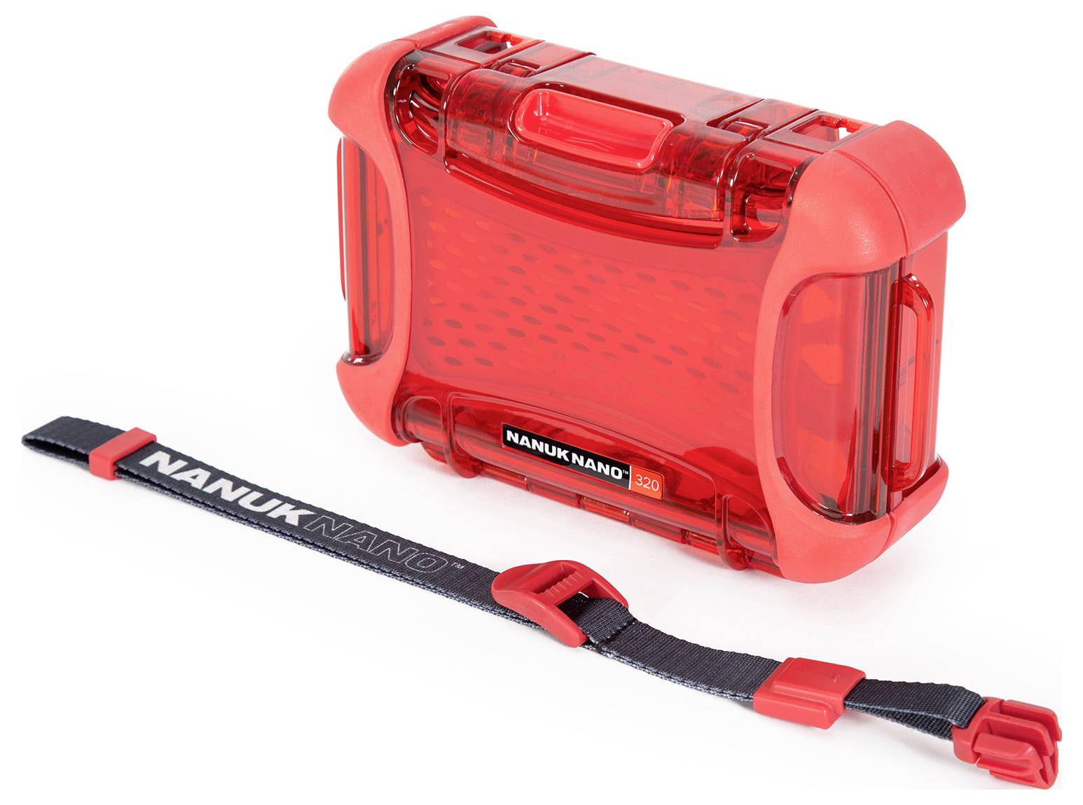 Red, transparent protective case by Nanuk Nano 320, with black, detachable strap.