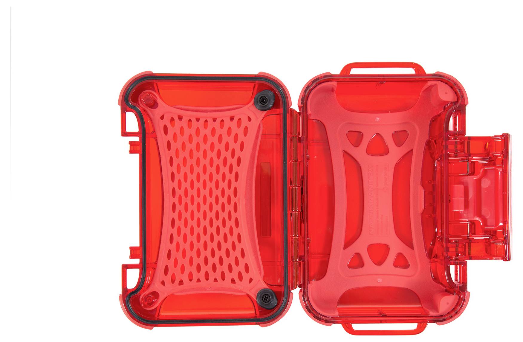 Red plastic box opened, with a mesh pattern inside. Suitable for electronic accessories or personal items.