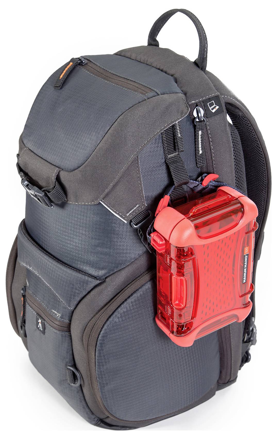 A grey rucksack with multiple compartments, to which a bright red, rectangular protective cover is attached.