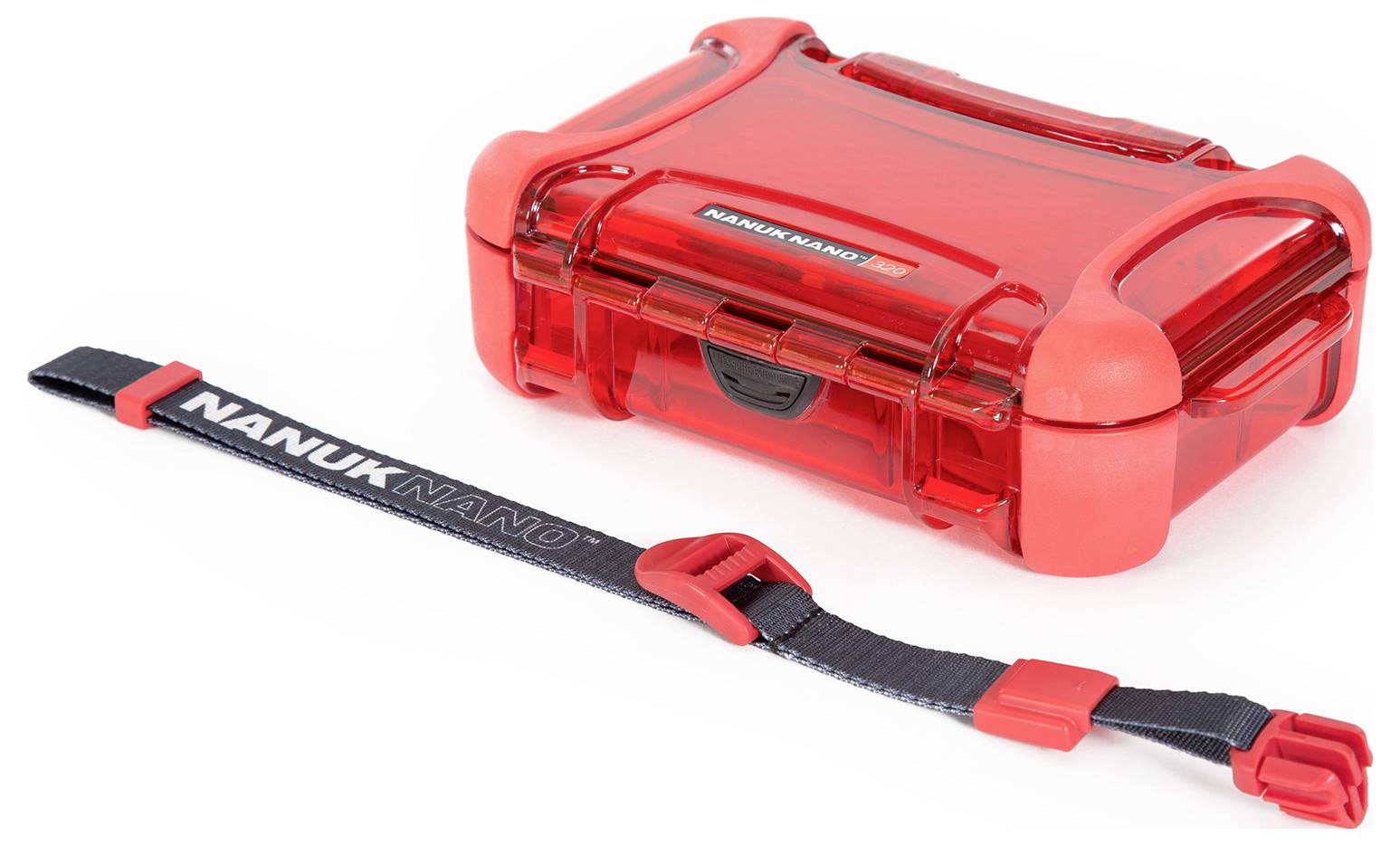 Sturdy, red protective case with a black carrying strap. 'NANUK NANO' printed on the exterior. Suitable for securely transporting small items.