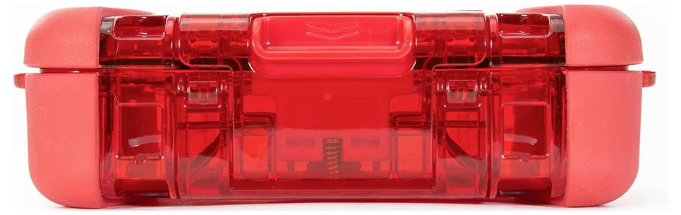 Rechargeable red plastic box with a transparent lid and robust design, suitable for securely storing smaller items.