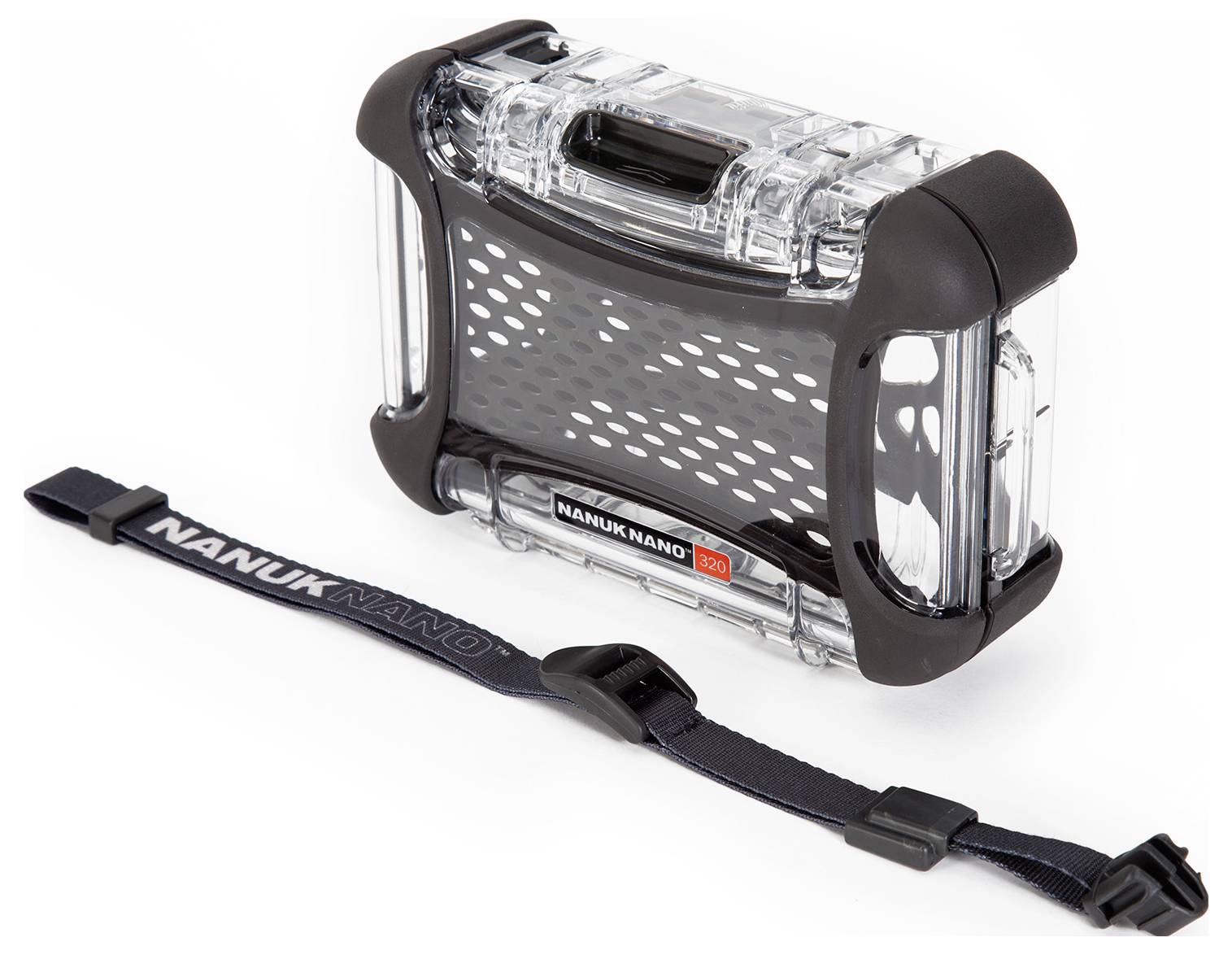 Transparent protective plastic box with a black border and 'Nanuk Nano' logo. A removable black carrying strap is placed beside it.