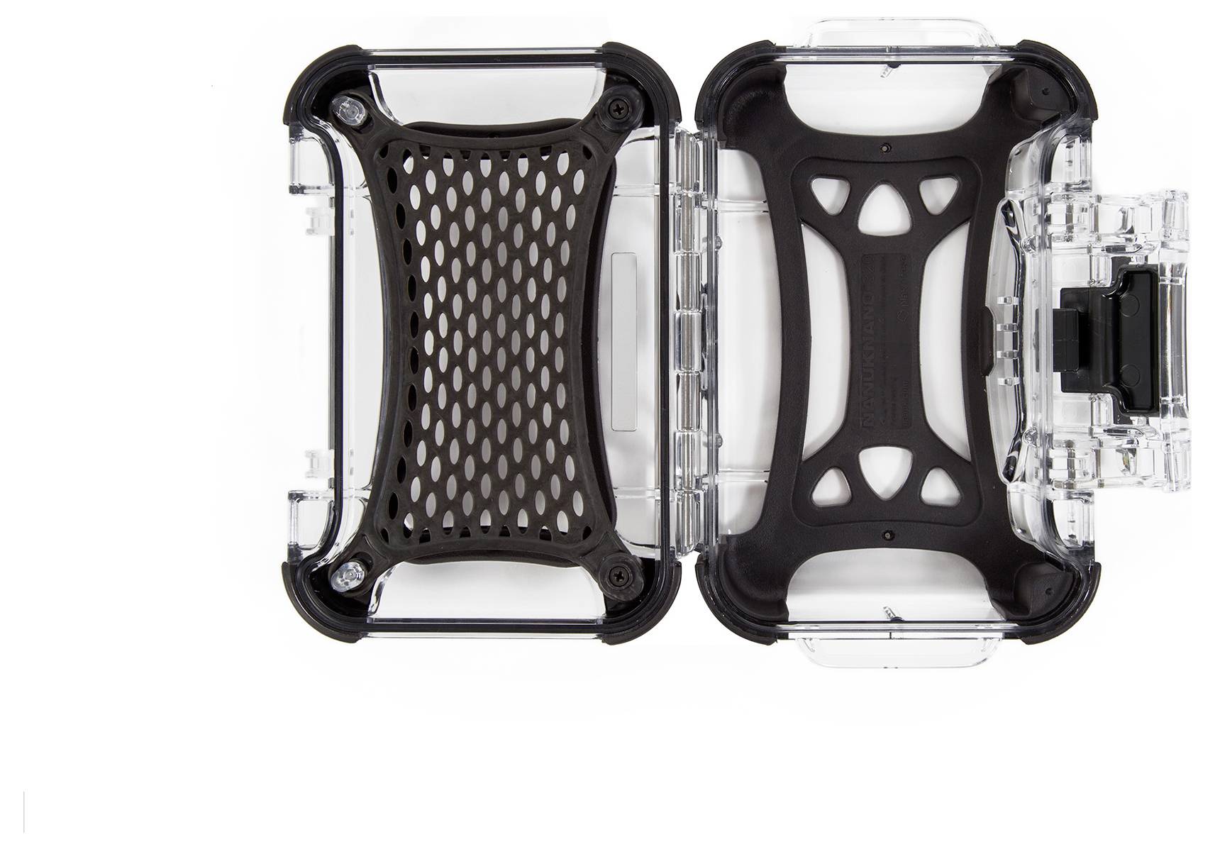 Open transparent plastic housing with a black, grid-like pattern on the inner surface.