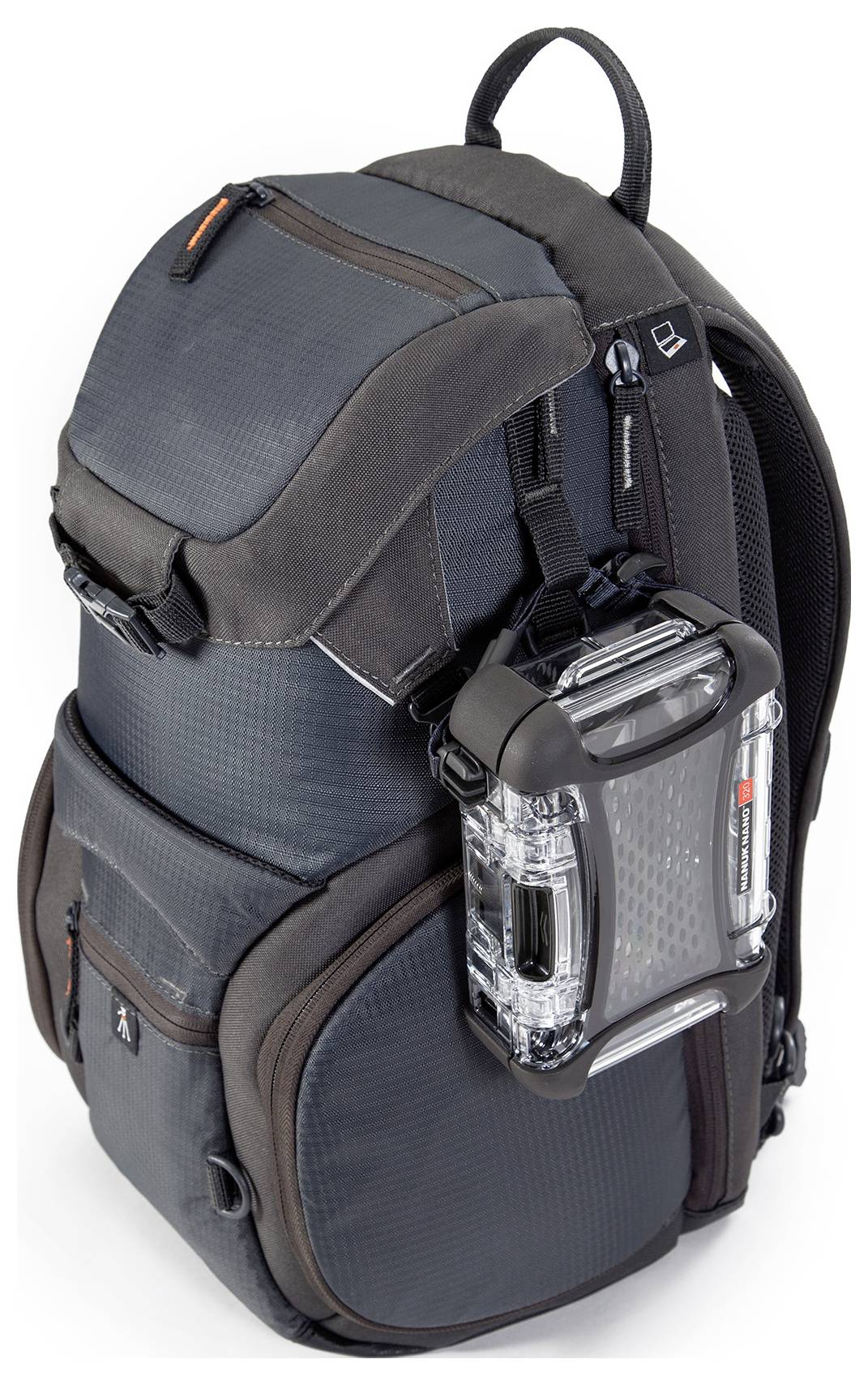 A grey rucksack with multiple zippered pockets and a transparent waterproof container attached to the side.