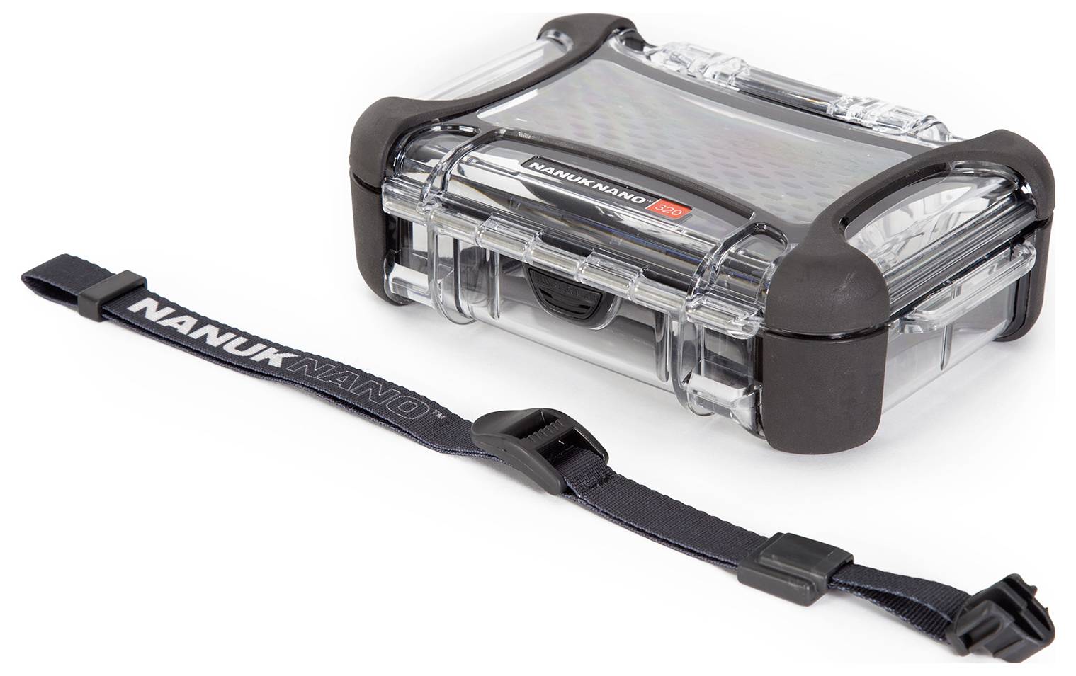 Transparent, robust protective case with a black border, brand logo on the top side. Next to it lies an adjustable wristband.