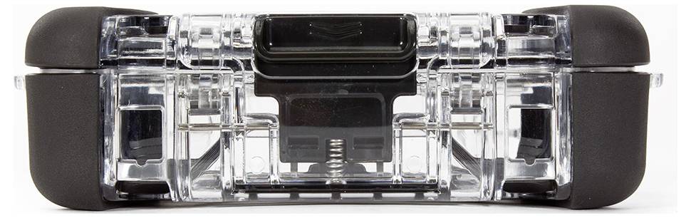 A transparent, rectangular case with black corners, suitable for protecting and transporting electronic devices.