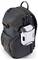 A grey rucksack with multiple pockets and a white device attached to the side. Ideal for outdoor activities or travelling.