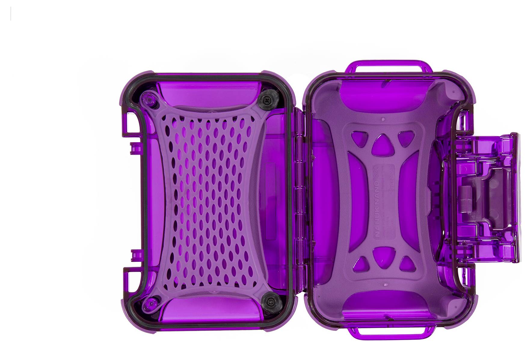 Violet, an open plastic box with a transparent lid, looks sturdy and has a perforated cover. Ideal for storage.