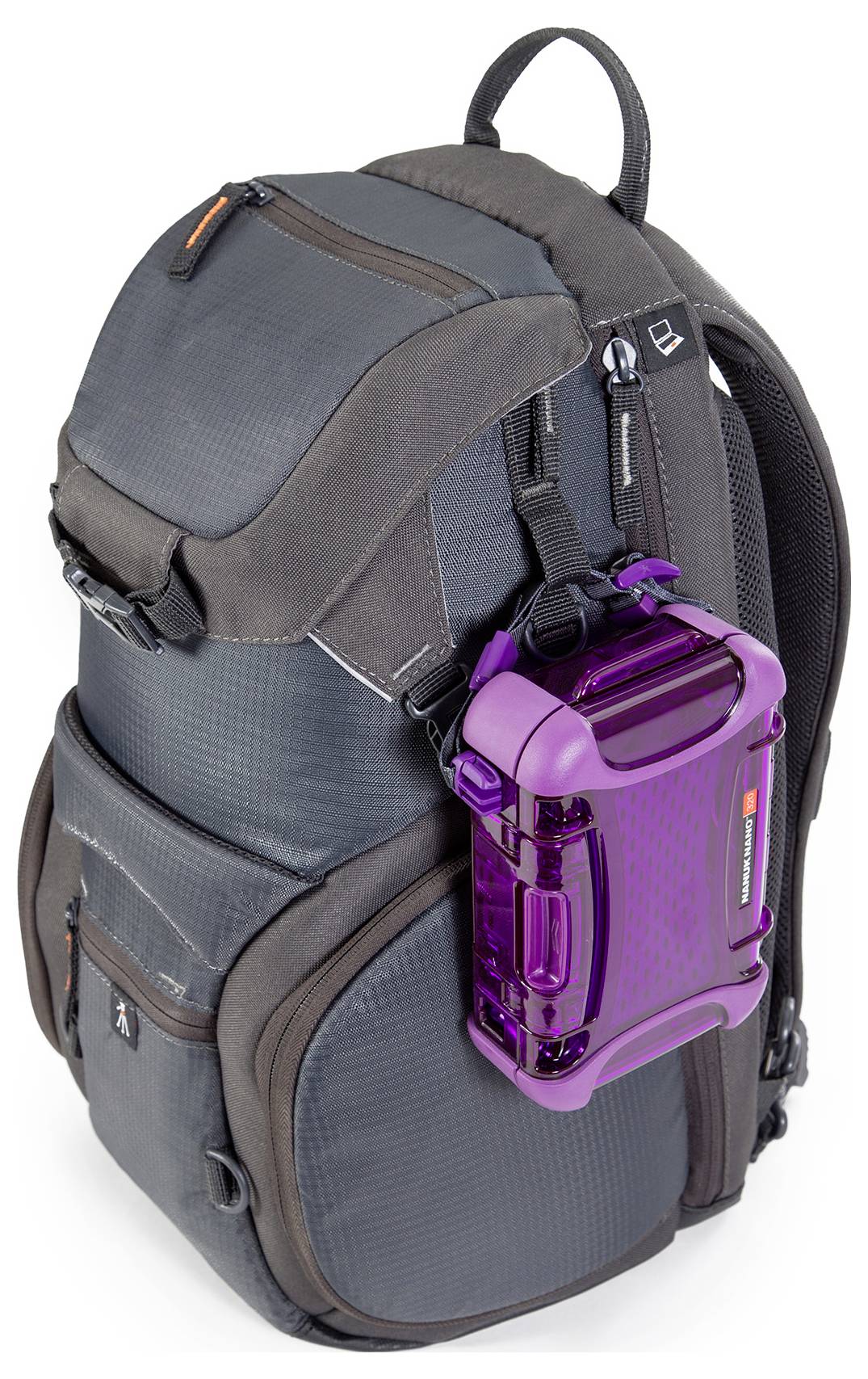 A grey rucksack with multiple zip pockets. A transparent, purple plastic case is attached to the side.