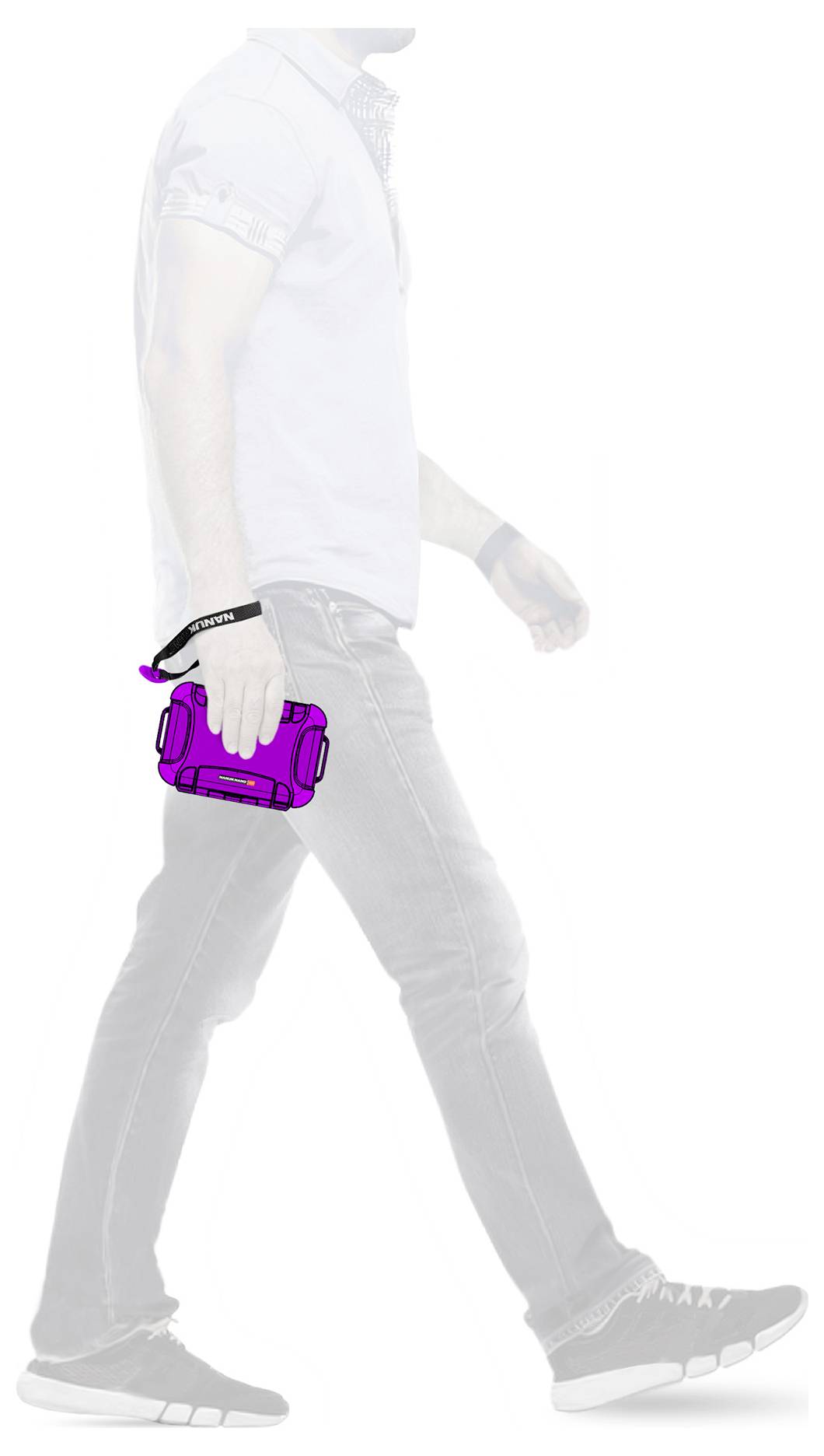 A person is walking, holding a purple camera in their right hand.