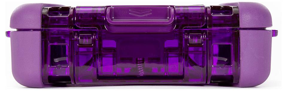 A transparent, purple plastic box with a snap fastener, suitable for storing small items or electronic components.