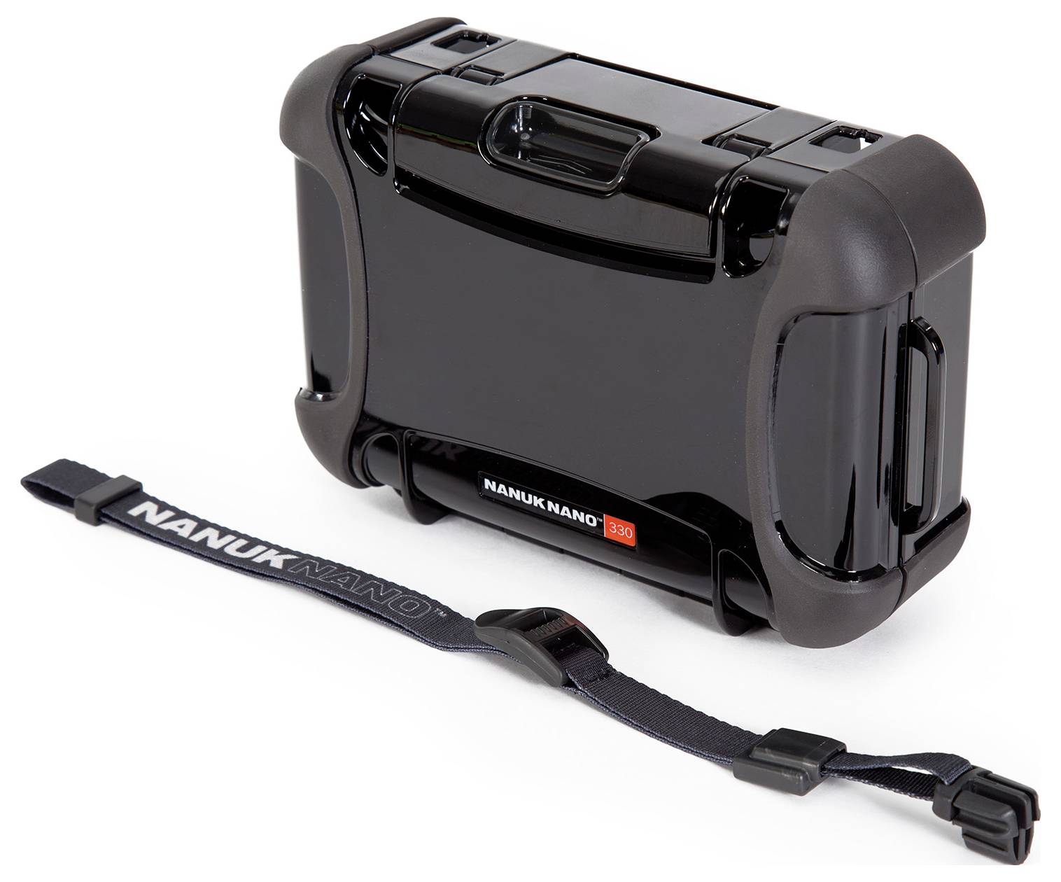 Black Nanuk Nano 330 Hard Case, compact and robust, with detachable shoulder strap, ideal for protecting small devices or items.
