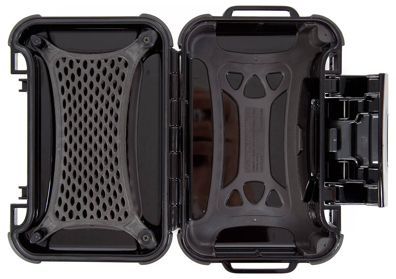 Robust black open plastic case with a mesh pocket on the left and organiser compartments on the right. Suitable for small items.