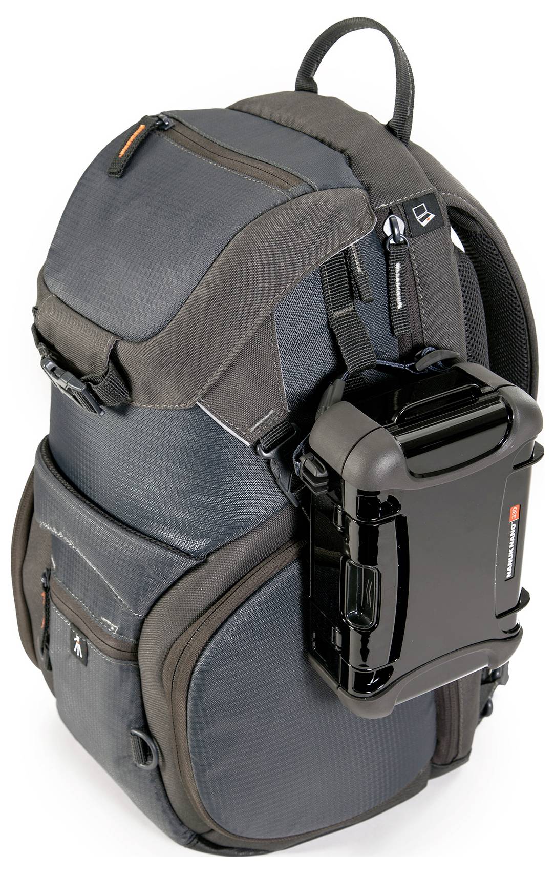 A grey rucksack with multiple compartments and a fixed black hard-shell case attached to the side.