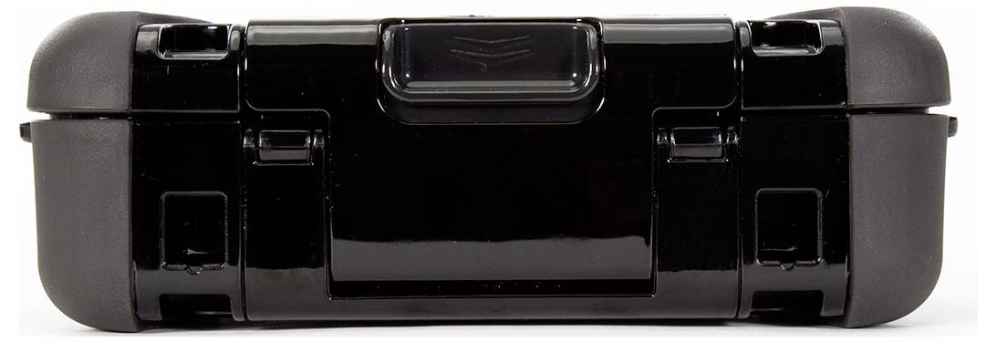 Black, rectangular suitcase with robust locks and rounded corners, suitable for the secure transportation of equipment.