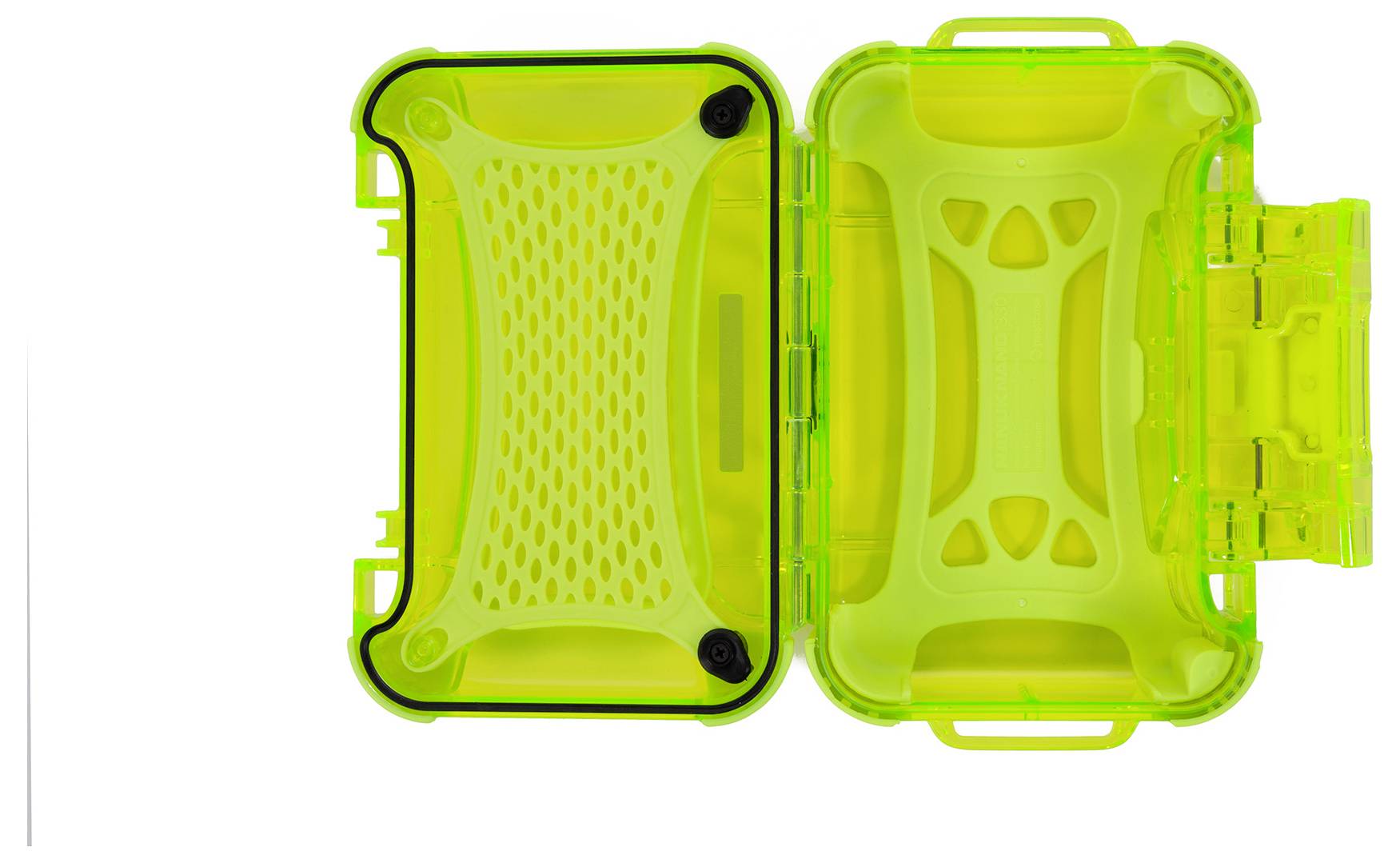 A uniform green, open plastic case with internal mesh compartments on the left side, suitable for storing small items.
