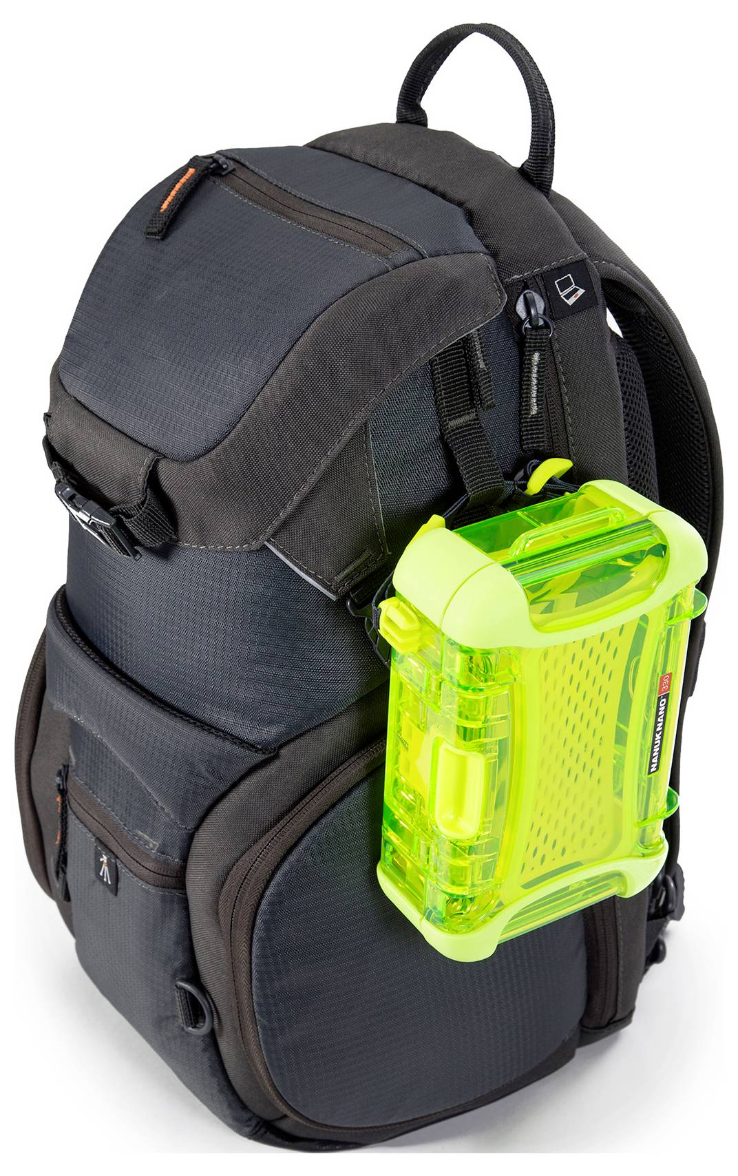 A grey rucksack with multiple pockets. A bright green, transparent box is attached to the side.