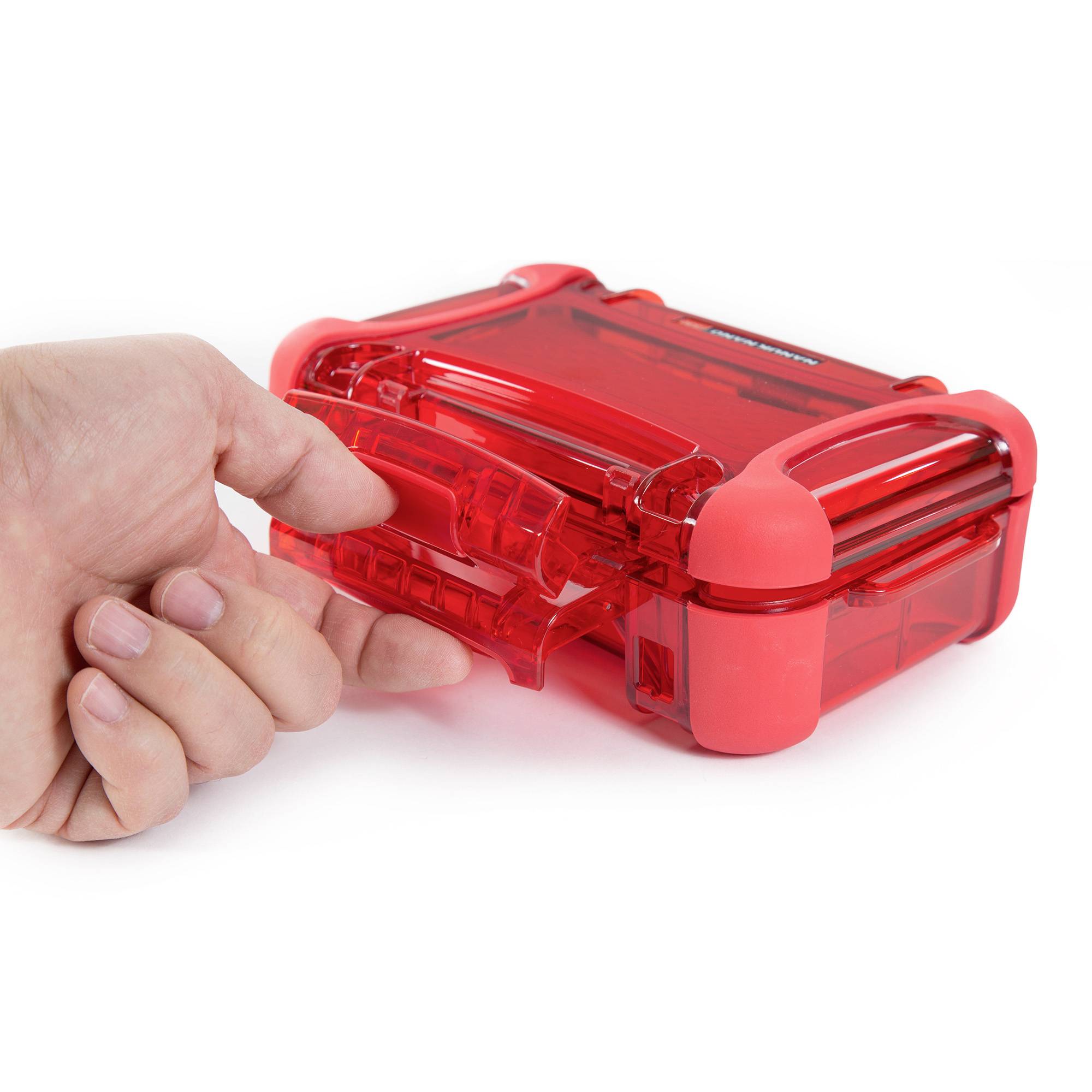 A hand opens a red, translucent plastic box.