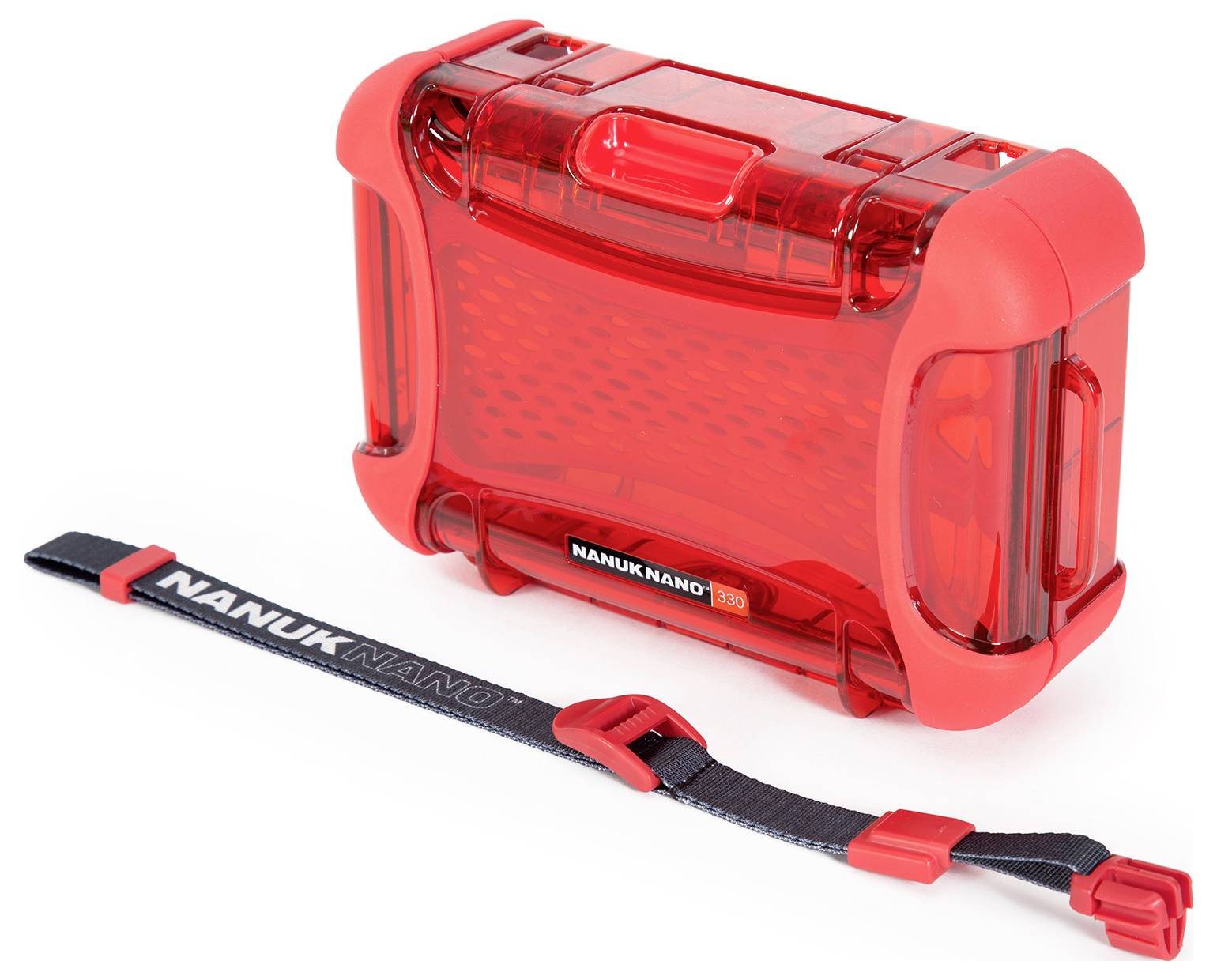 Red, robust plastic case with the print 'NANUK NANO 330'. Beside it, a black carrying strap.