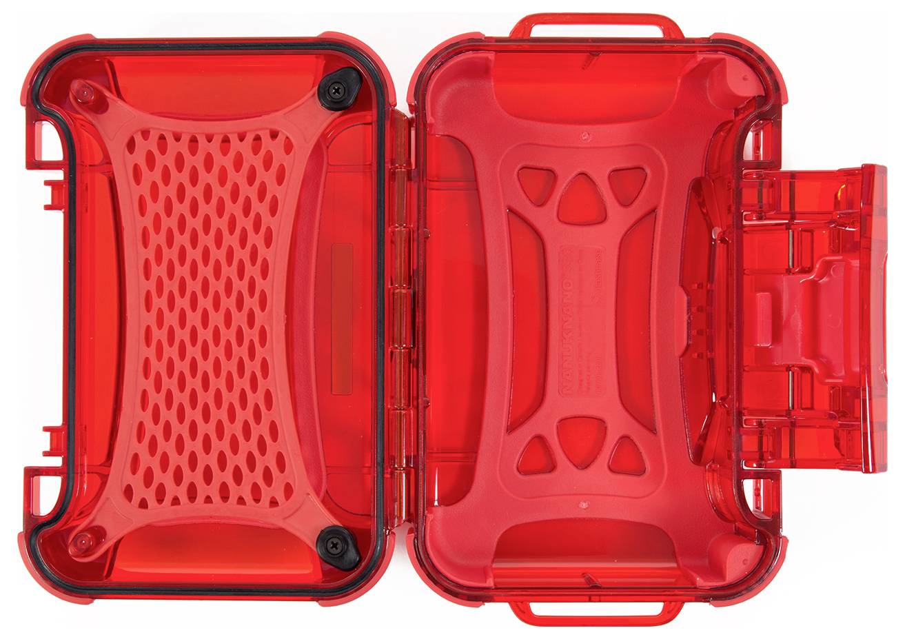 Red, transparent plastic box, open, rectangular shape with two compartments and structured design, suitable for storage.