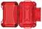 Red, transparent plastic box, open, rectangular shape with two compartments and structured design, suitable for storage.