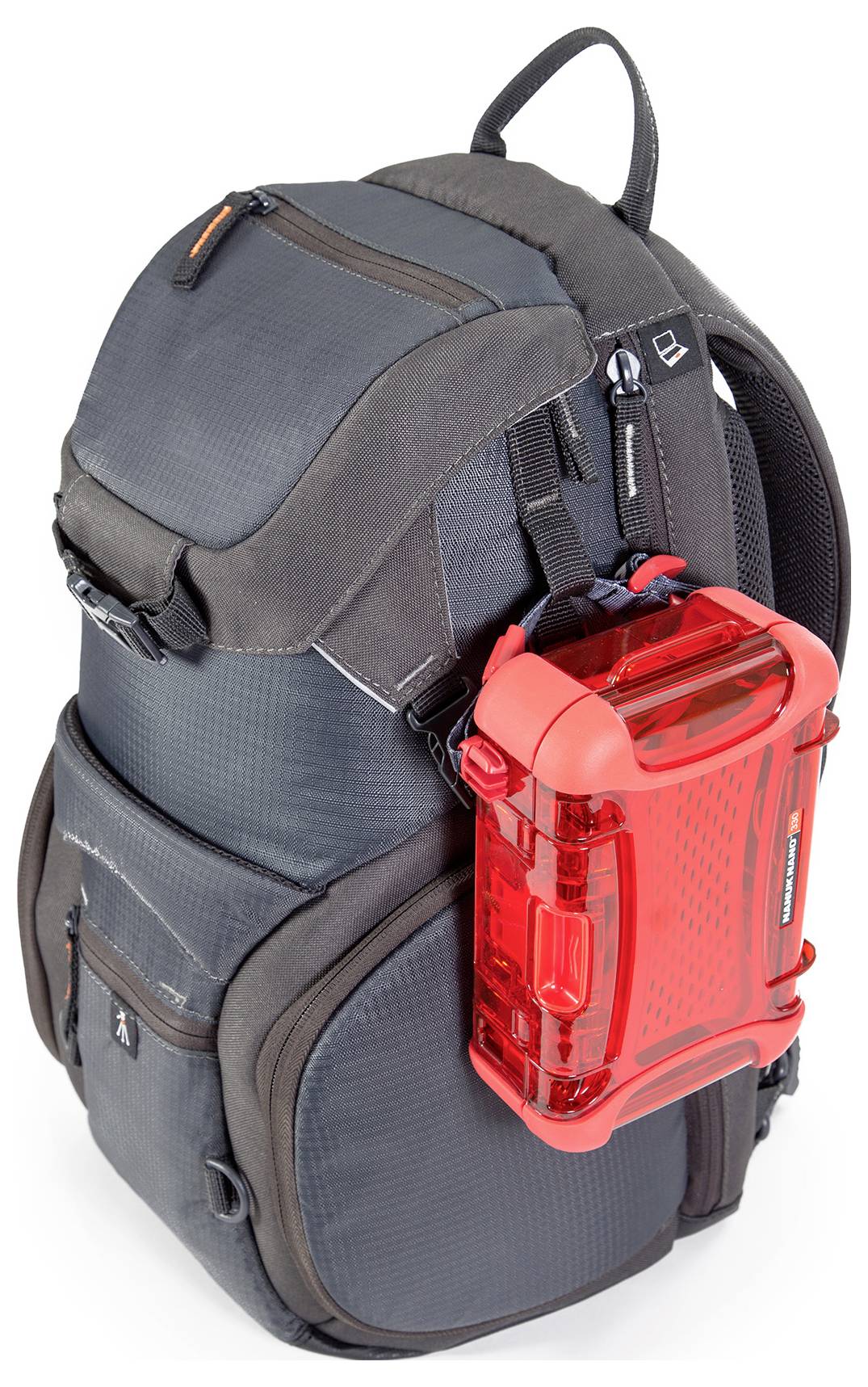 A grey hiking rucksack with multiple pockets and a fixed, bright red hard-shell case attached to the side.