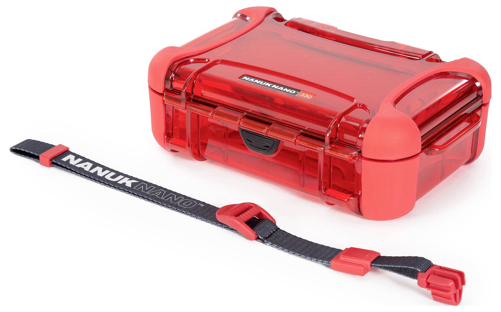 Red, transparent protective cover with a durable fastening and black carrying strap. Suitable for small electronic devices.