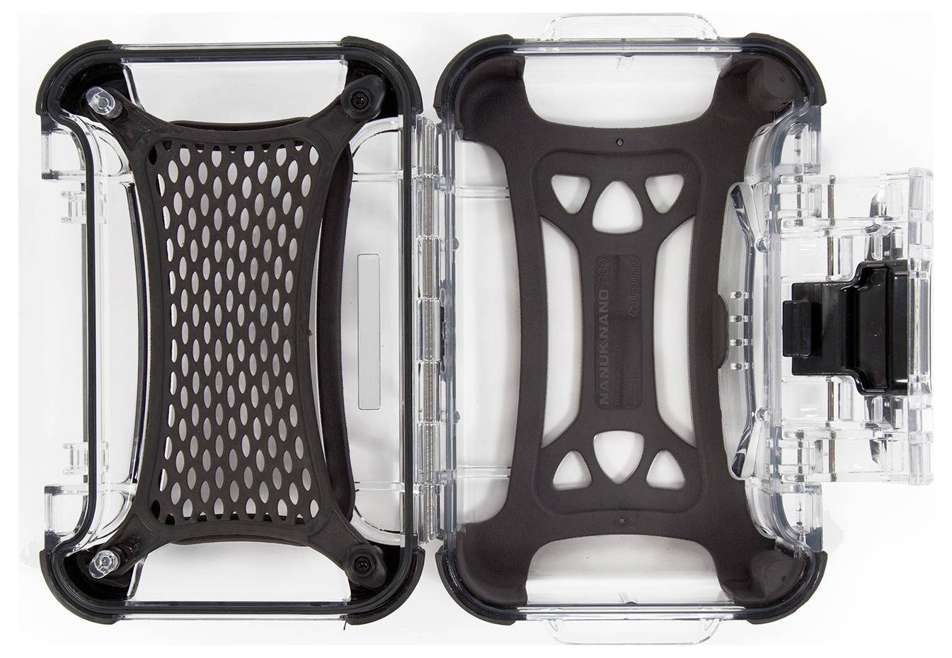 A transparent, robust plastic enclosure in three separate parts with a black, non-slip insert, suitable for protecting devices.