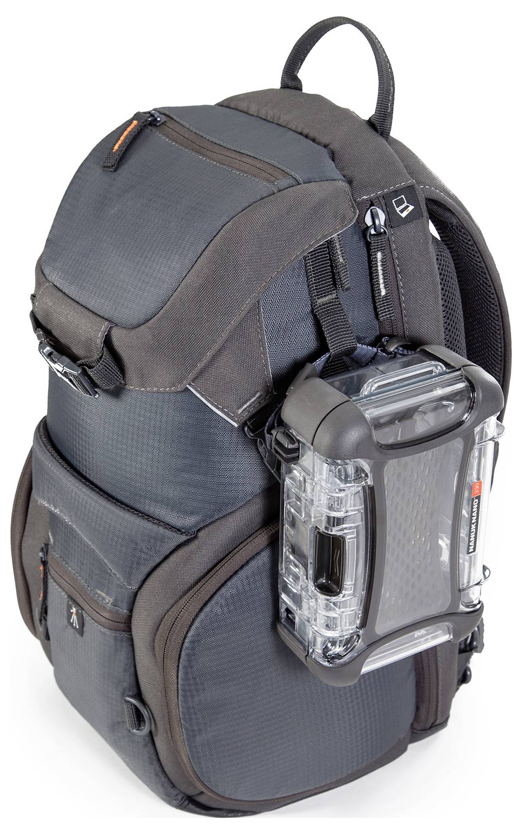 Grey and black rucksack with multiple compartments. A transparent, securely attached case is on the side.