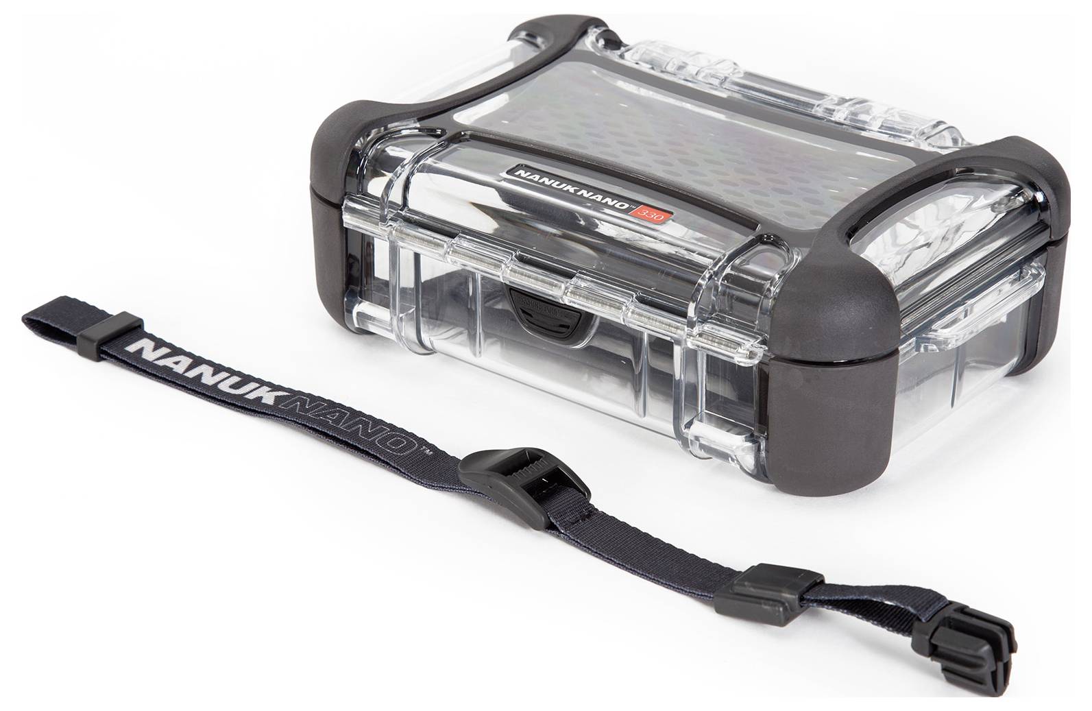 Waterproof, transparent protective case made from sturdy plastic with a black frame. Black carrying strap with the inscription 'NANUK NANO'.
