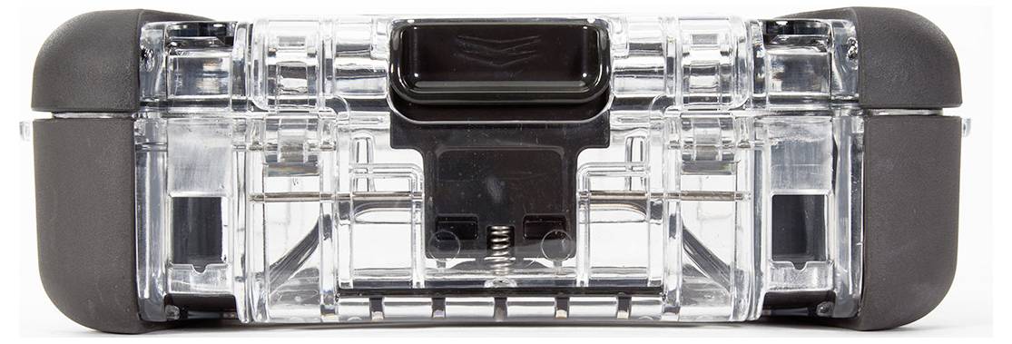 Transparent plastic box with black rubber protectors, photographed from the front.