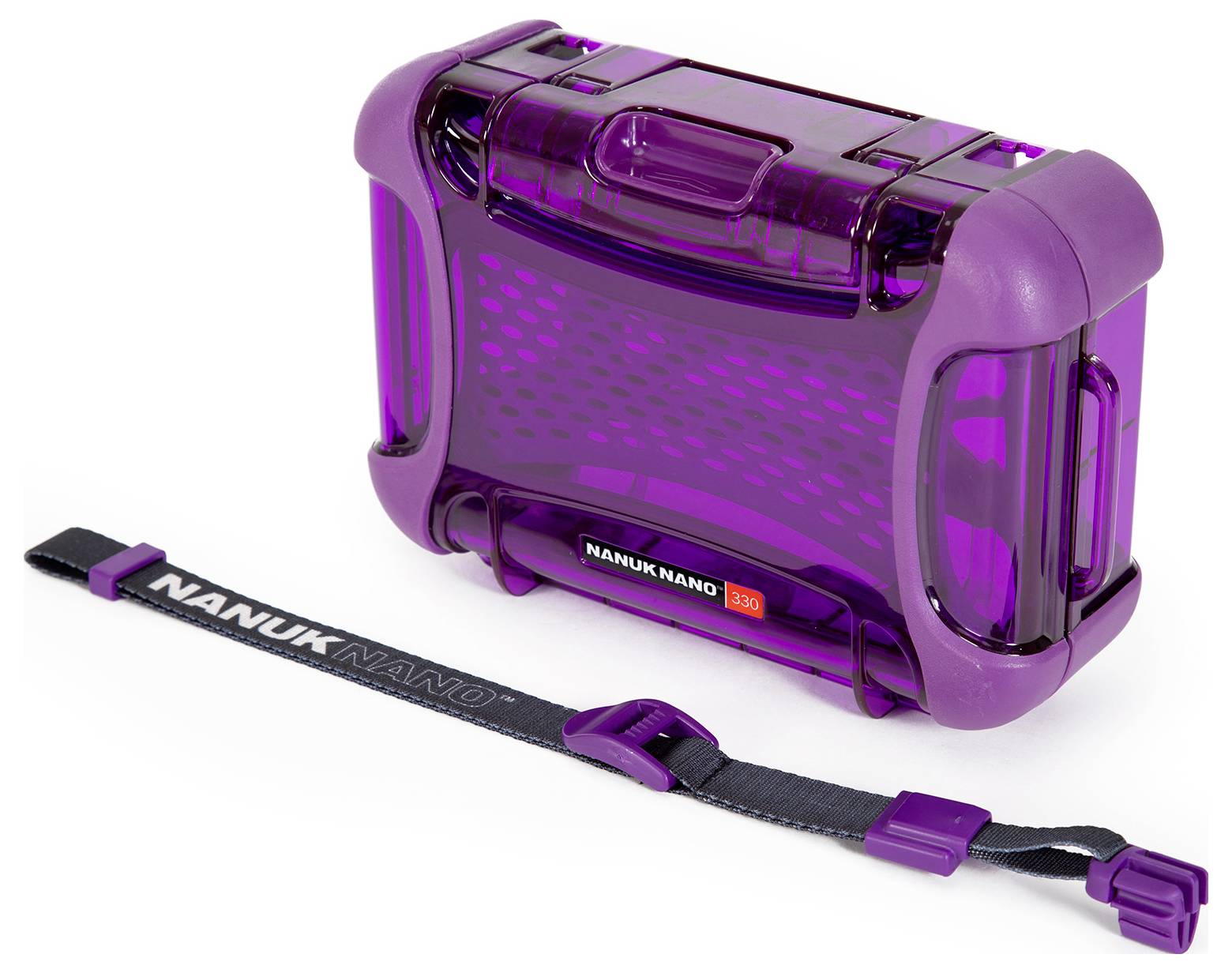 A purple, rectangular suitcase with a black, adjustable strap beside it. The suitcase has transparent elements.