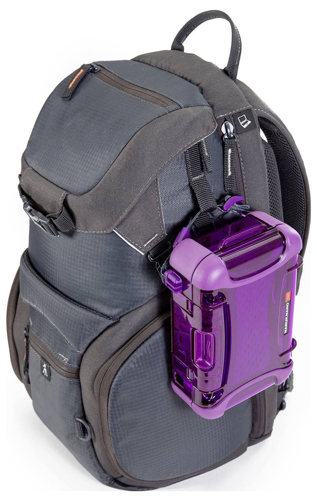 A black rucksack with multiple pockets has a purple transparent protective cover attached to its side by a clip.