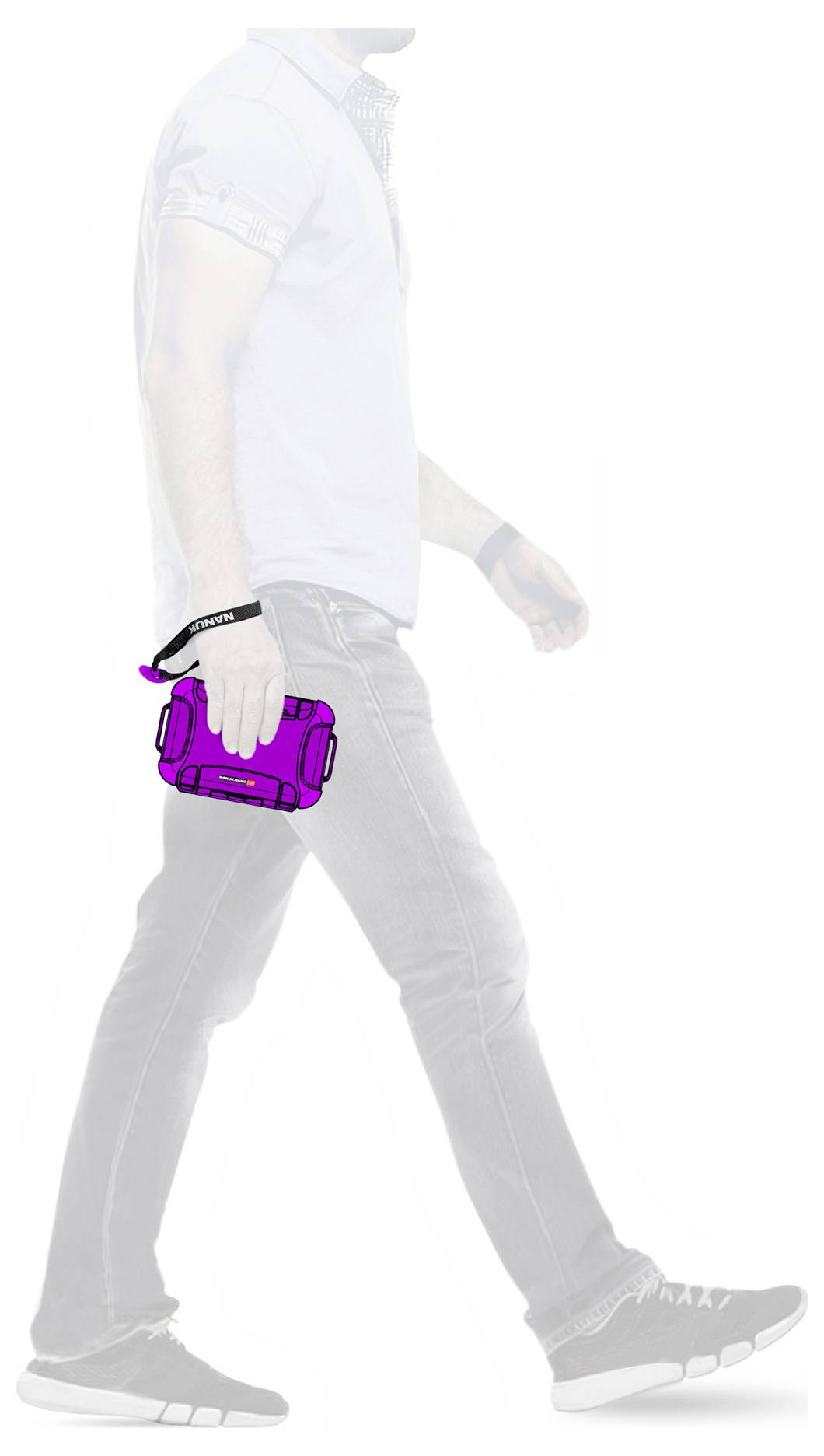 A person in a walking pose is holding a purple cassette player in their right hand. The focus is on the cassette player.