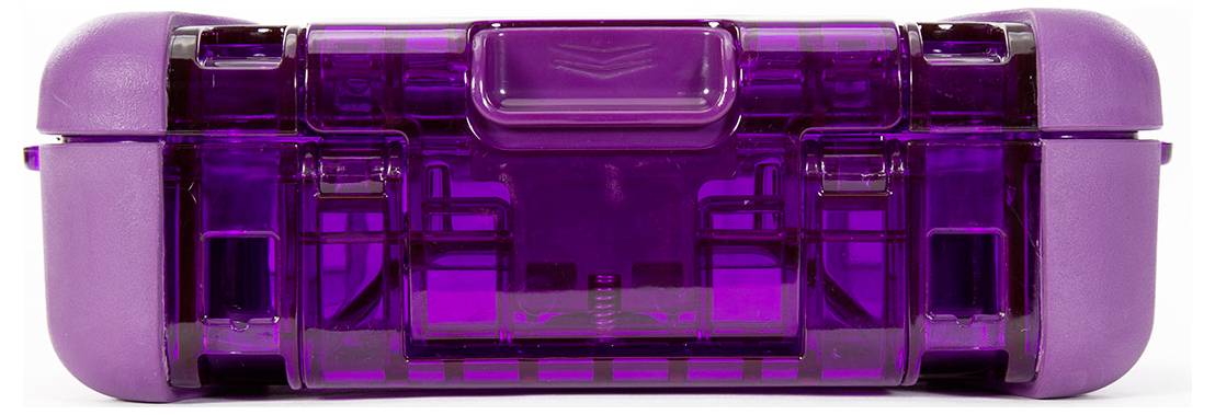 Lilac, transparent storage box with snap closure, suitable for storing small items.