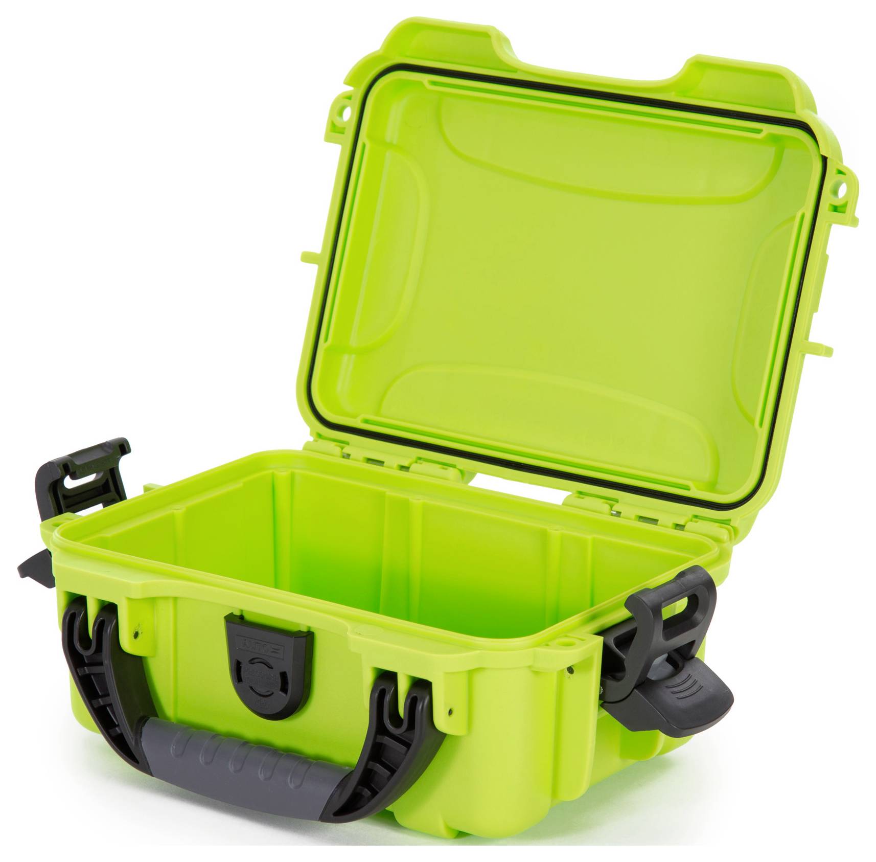 Green, open protective case with a black handle, suitable for safely storing sensitive equipment or electronics.