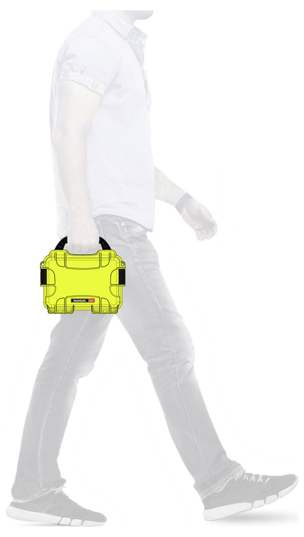 A person walks to the right, holding a brightly yellow suitcase in their right hand. The suitcase has black handles and corners.