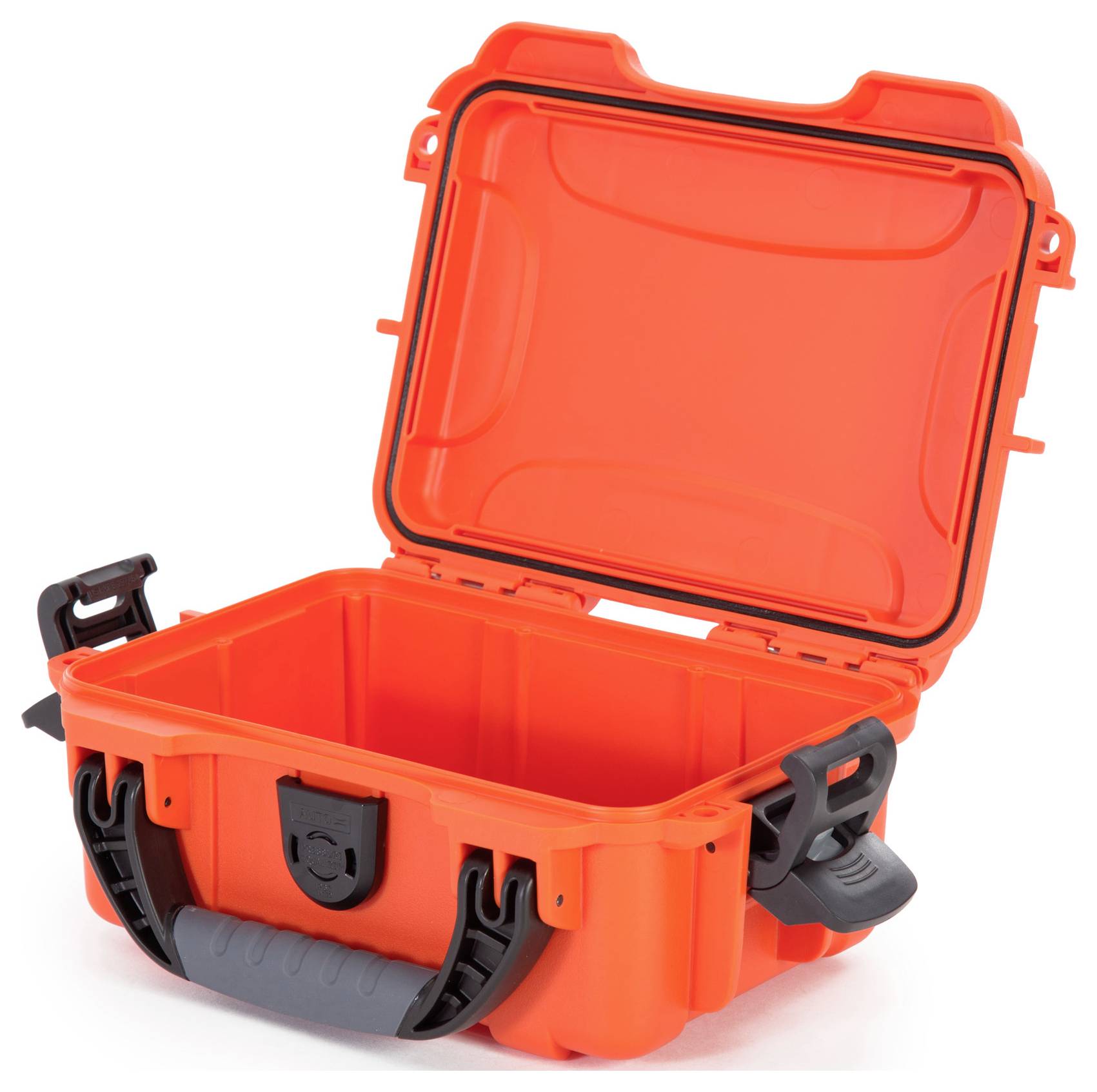 An open, bright orange protective case with a black handle and latches.