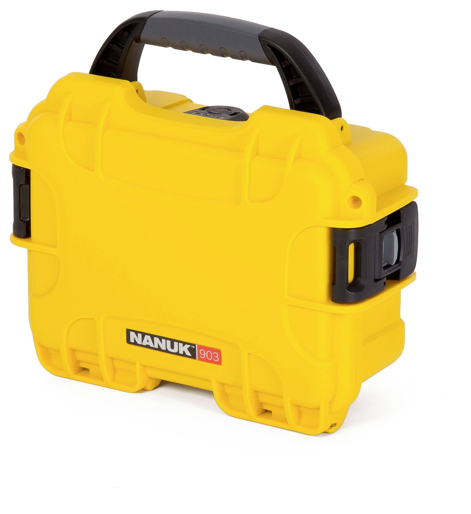 Yellow hard-shell suitcase with black handle and clasp. Labelled 'NANUK 903'. Suitable for secure transportation of equipment.
