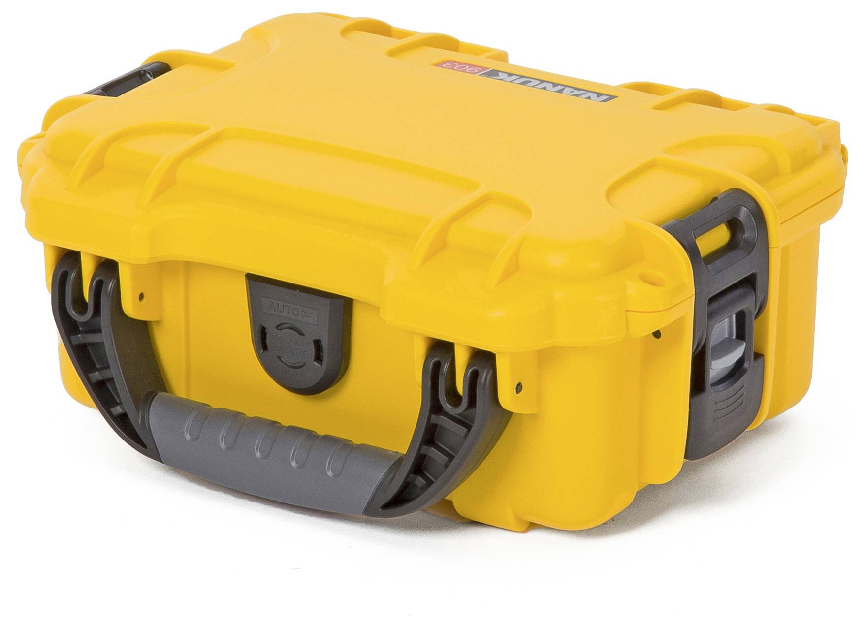 Bright yellow, robust suitcase with a black handle and fastening. Suitable for the secure transportation of delicate items.