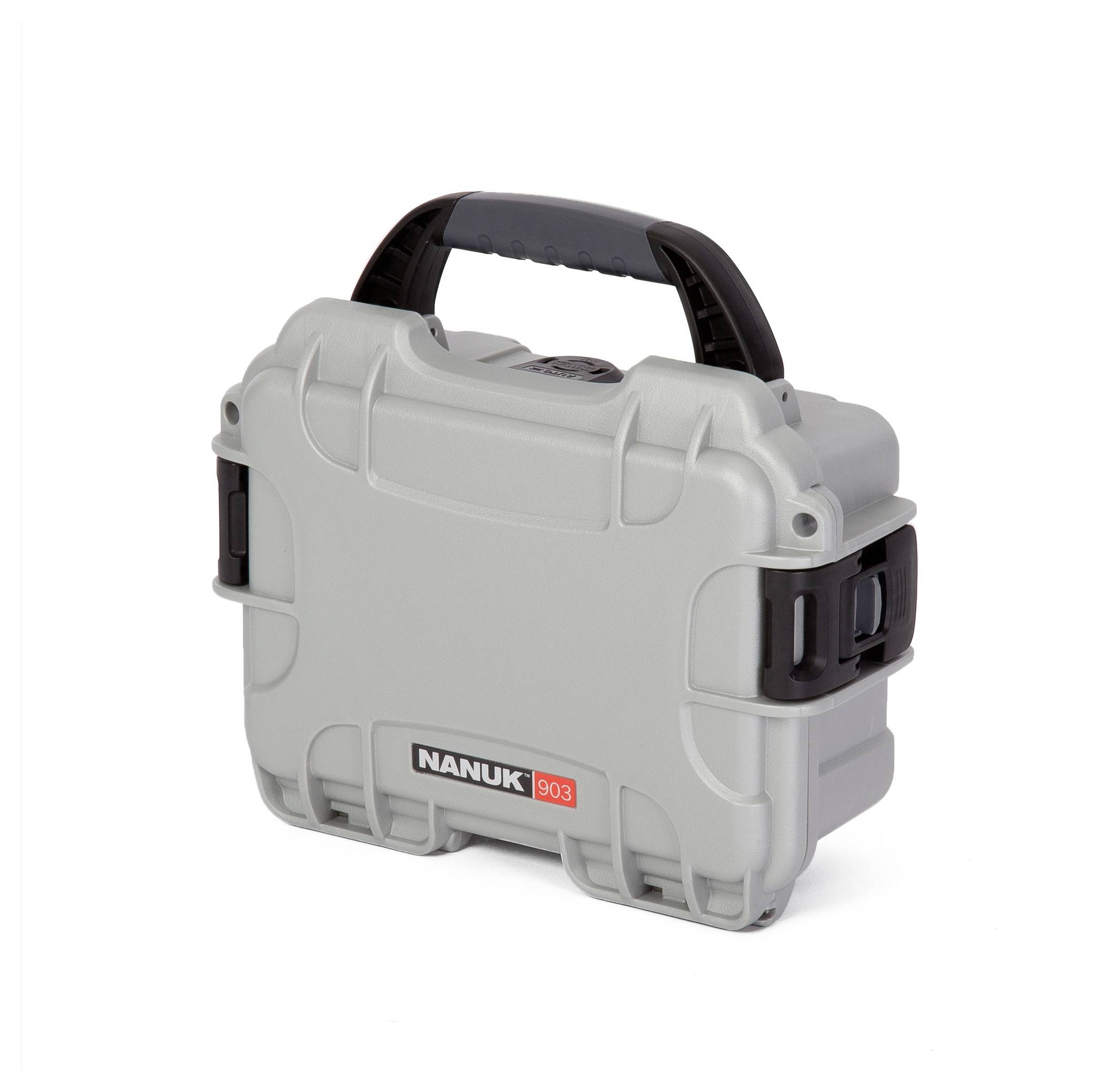 Grey, robust suitcase with black handle, brand 'Nanuk 903'. Suitable for the secure transportation of delicate items.