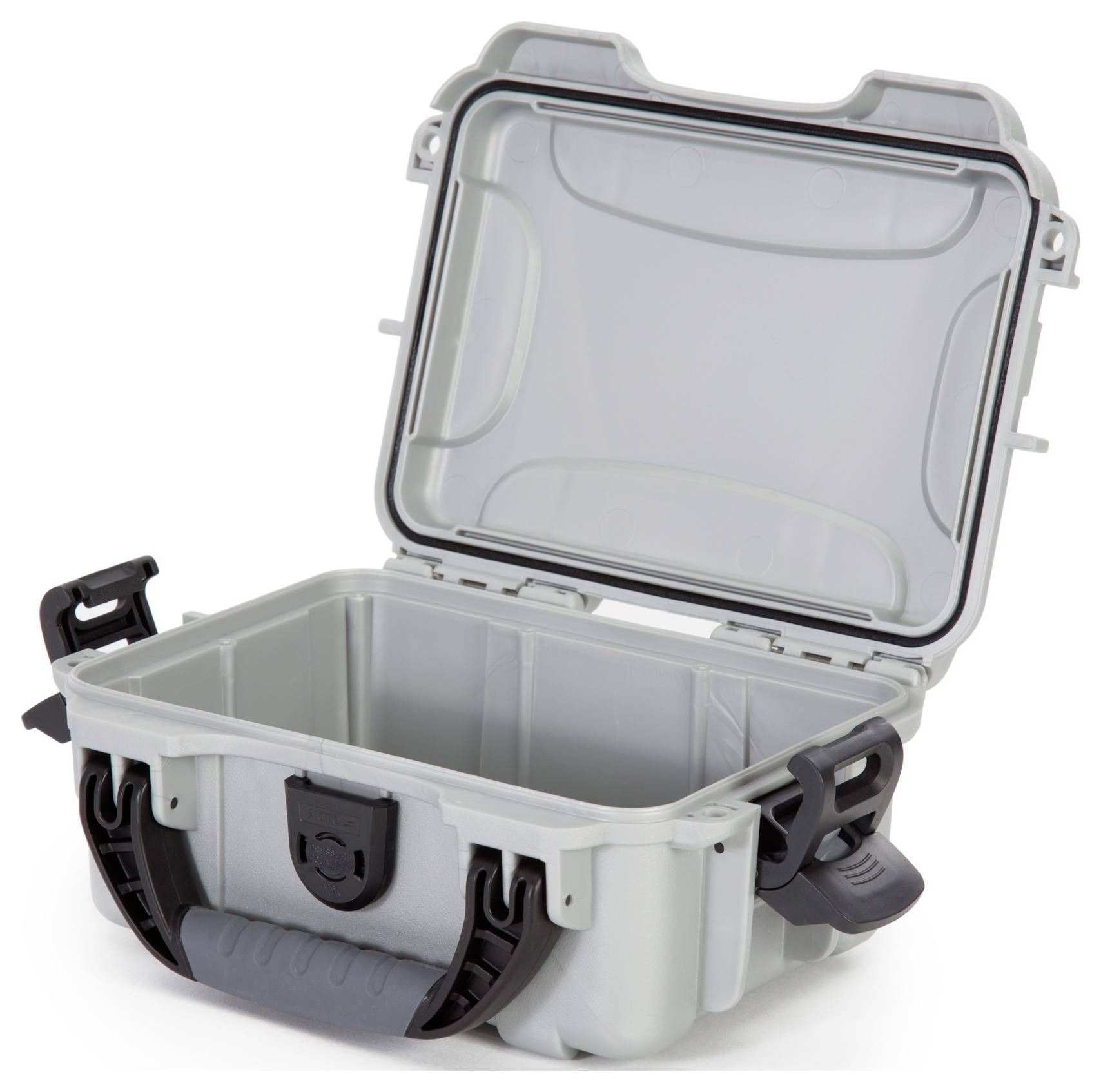 Waterproof and dustproof grey protective plastic case with an open lid, ideal for transporting delicate equipment.