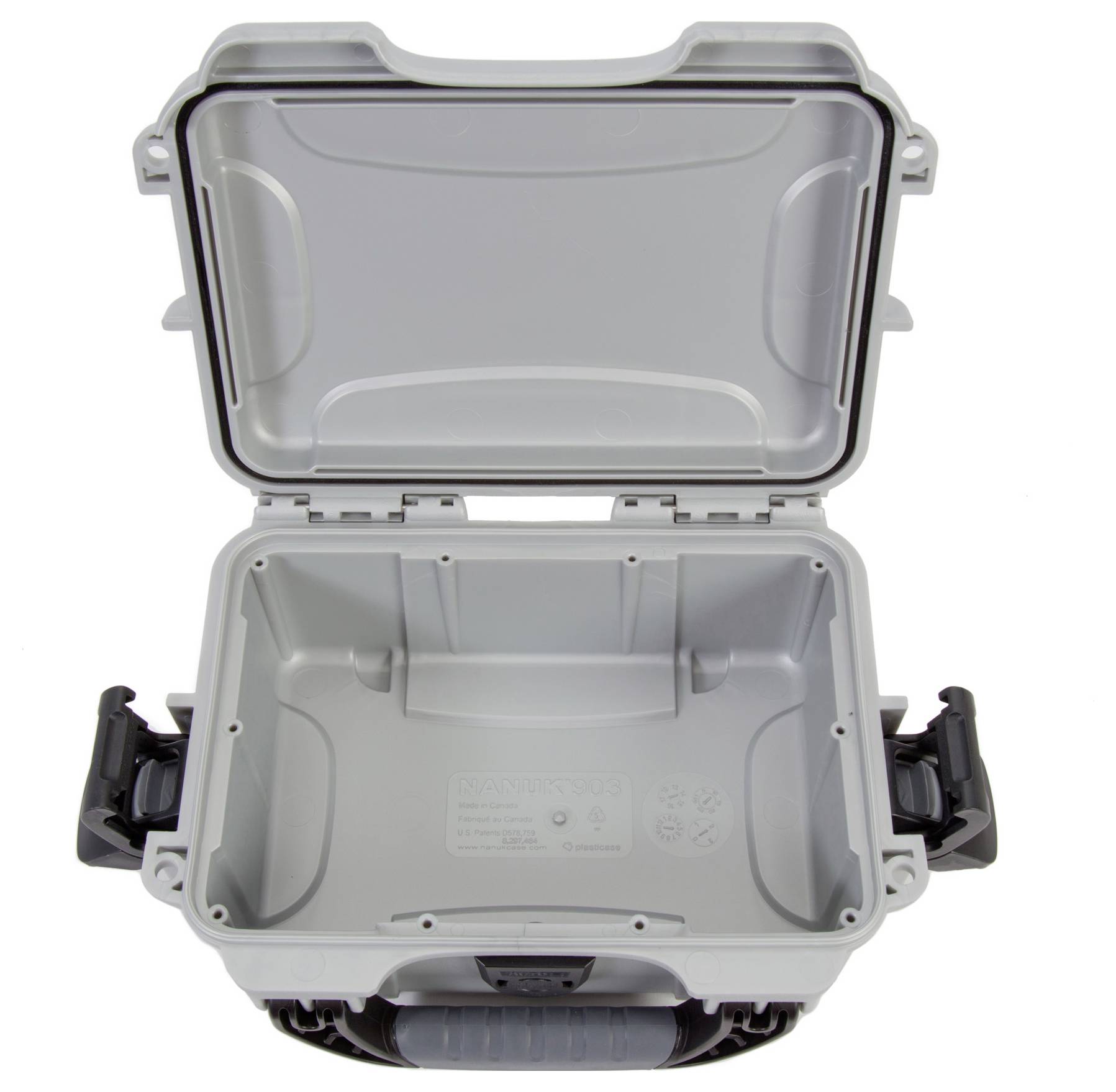 Grey, open protective case with carrying handle and security locks, empty interior for secure storage of items.