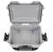 Grey, open protective case with carrying handle and security locks, empty interior for secure storage of items.